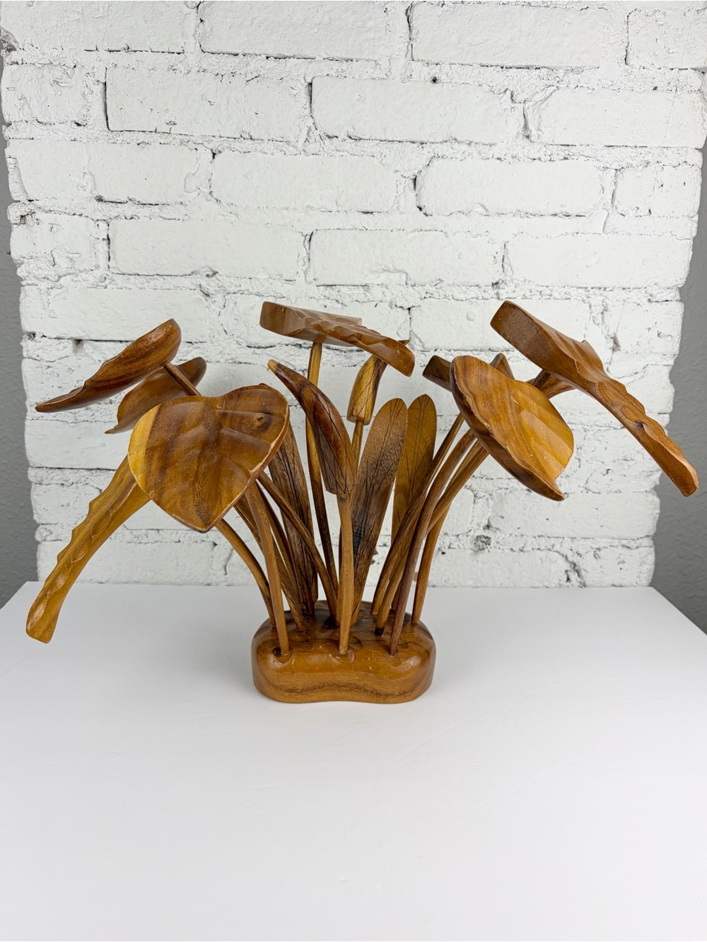 Vintage Teak Wood MCM Hand Carved Wooden Buildable Cattail Plant Sculpture